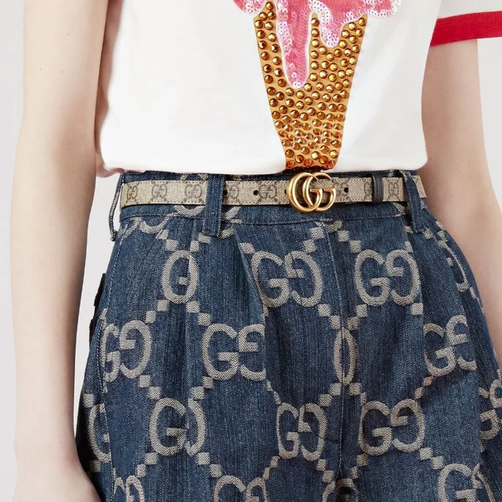 NEW GUCCI GG Supreme Canvas Peach Leather Marmont Reversible Belt Size 90 / 36